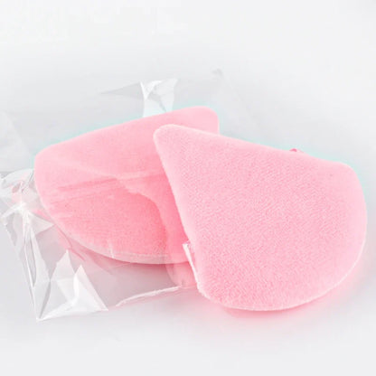 Set of 6 triangle velvet powder puffs by Blushimmer, reusable washable cosmetic sponges for face and eye makeup application.