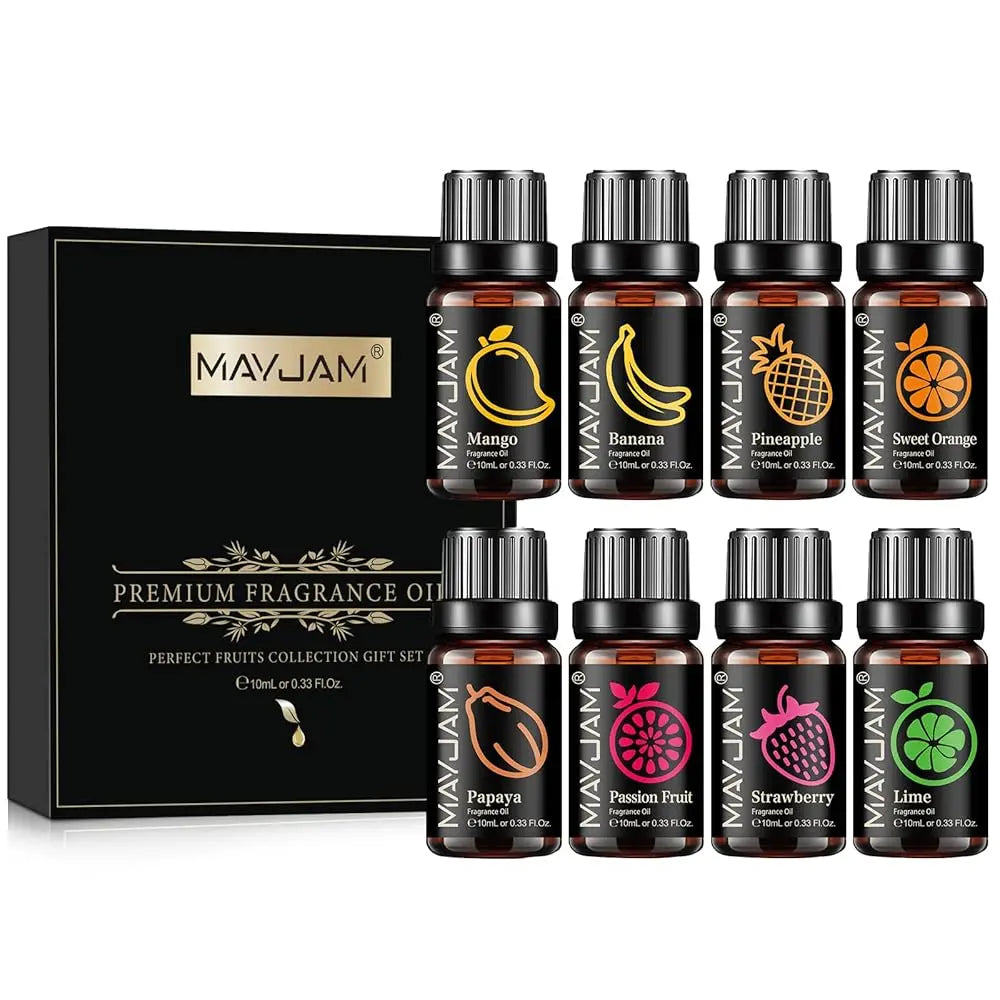 Blushimmer MAYJAM fruit essential oil 10ml with cherry, banana, papaya, grape, litchi, guava, kiwifruit, pear, and fig fragrances.