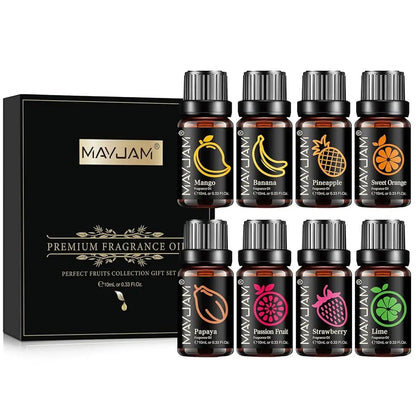 Blushimmer MAYJAM fruit essential oil 10ml with cherry, banana, papaya, grape, litchi, guava, kiwifruit, pear, and fig fragrances.