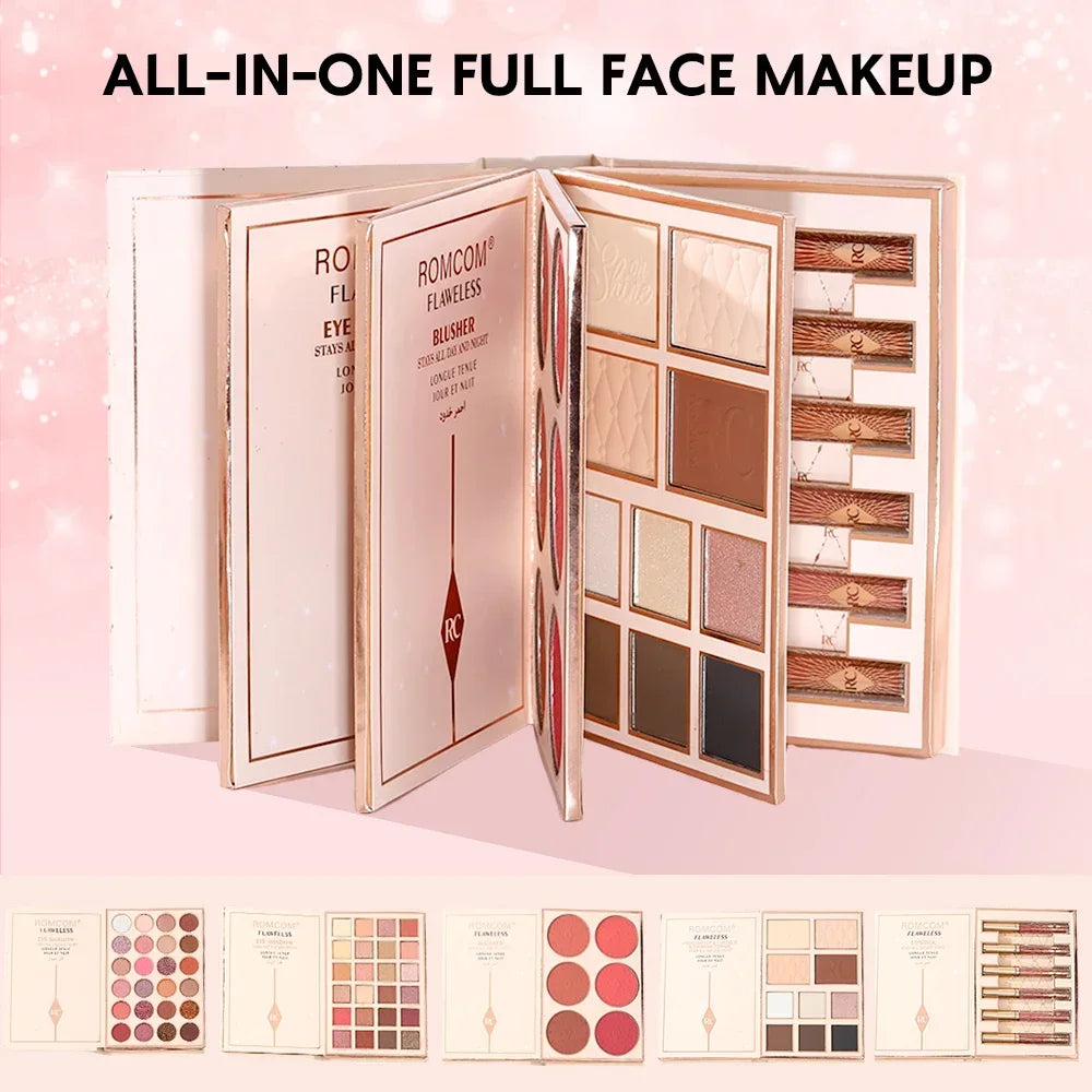Blushimmer Makeup Magic Book with eyeshadow, lip gloss, powder blush, and highlighter in a gift set for women at holiday parties.
