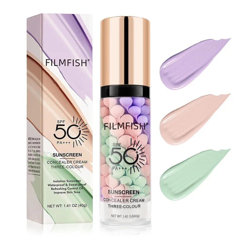 Blushimmer face makeup primer in tri-color cream contour for natural, waterproof makeup base, 40g, showing the product's texture and colors.