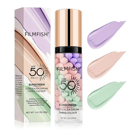Blushimmer face makeup primer in tri-color cream contour for natural, waterproof makeup base, 40g, showing the product's texture and colors.