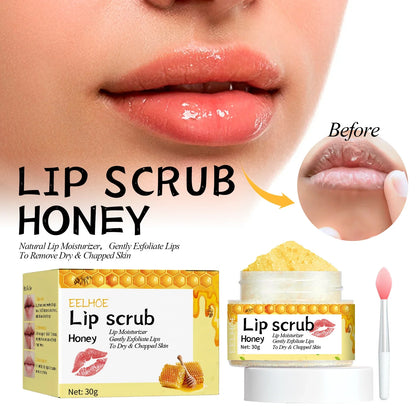 Blushimmer EELHOE pink lips scrub exfoliator with moisturizing and lightening properties, shown on lips for dead skin removal and lip care.