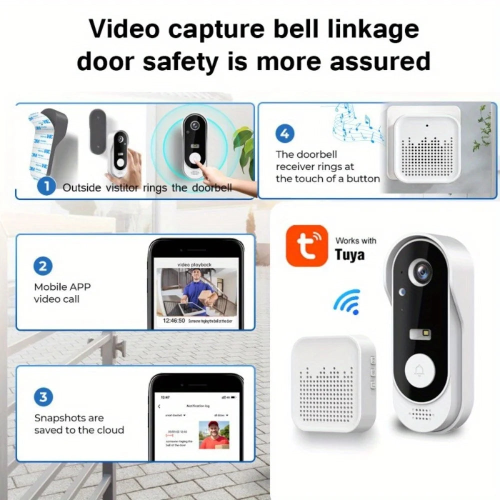 Tuya WiFi Video Doorbell - 2-Way Audio, Outdoor 1080P HD, SD+Cloud Storage, Motion Detection, Easy Setup & Live Alerts