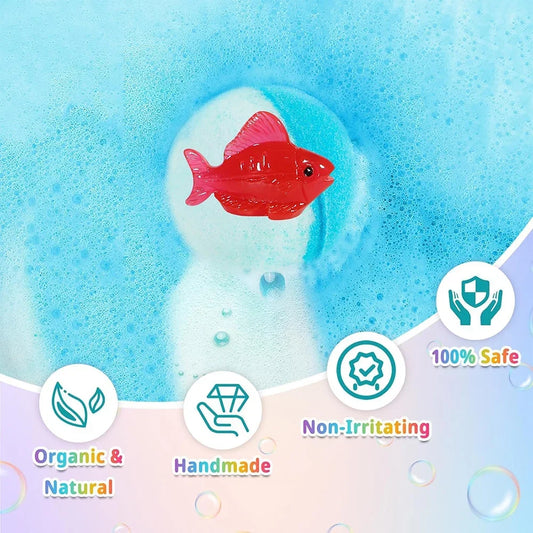 Kids ocean bath salt set with surprise toys from Silcy Skin, organic bubble bath salts in a 12-pack for safe, fun bath time.