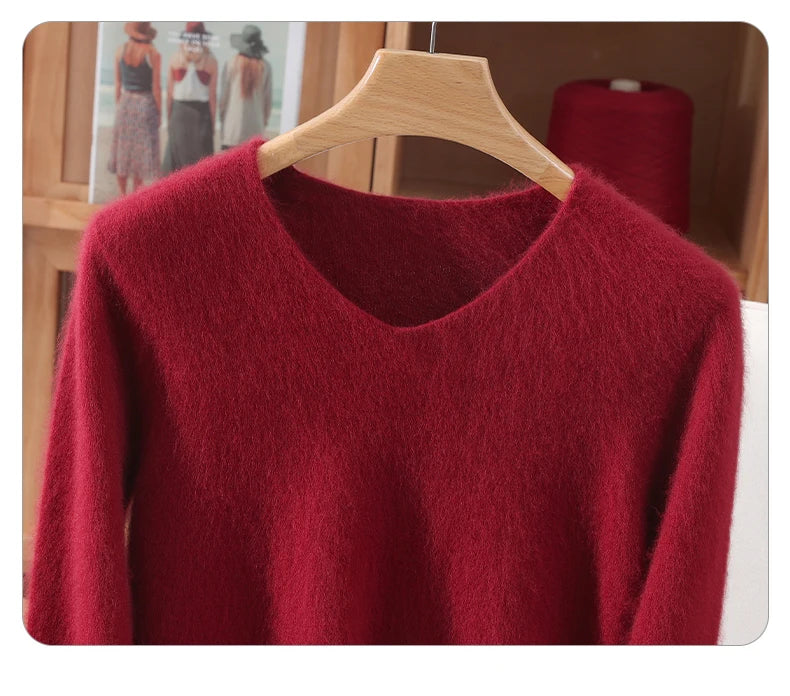 Autumn And Winter New High-End Female Mink Cashmere Sweater Solid Color Long-Sleeved Wool Knit Bottoming Sweater Loose Top