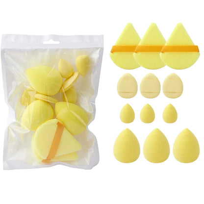 Blushimmer 12-piece all-purpose makeup sponge set with powder puffs, mini air cushion puffs, beauty eggs, and mini beauty sponges.
