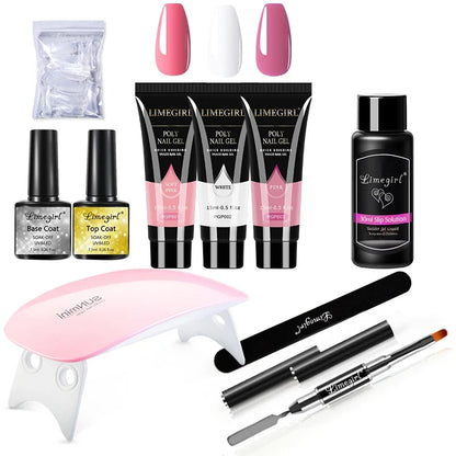 Limegirl 15ml extension nail gel set with 6W LED lamp, finger extension mold, and nail tool kit for quick manicure applications.