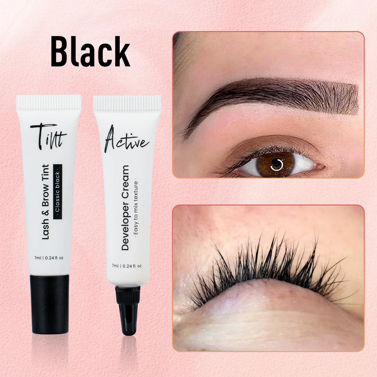 Blushimmer Gollee Classic Black lash and brow tinting set with waterproof eyelash dye kit and makeup tools on white background.