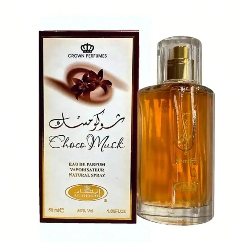 Assorted Al Rehab Choco Musk collection bottles with sweet, rich, unisex fragrances in colorful glass containers.