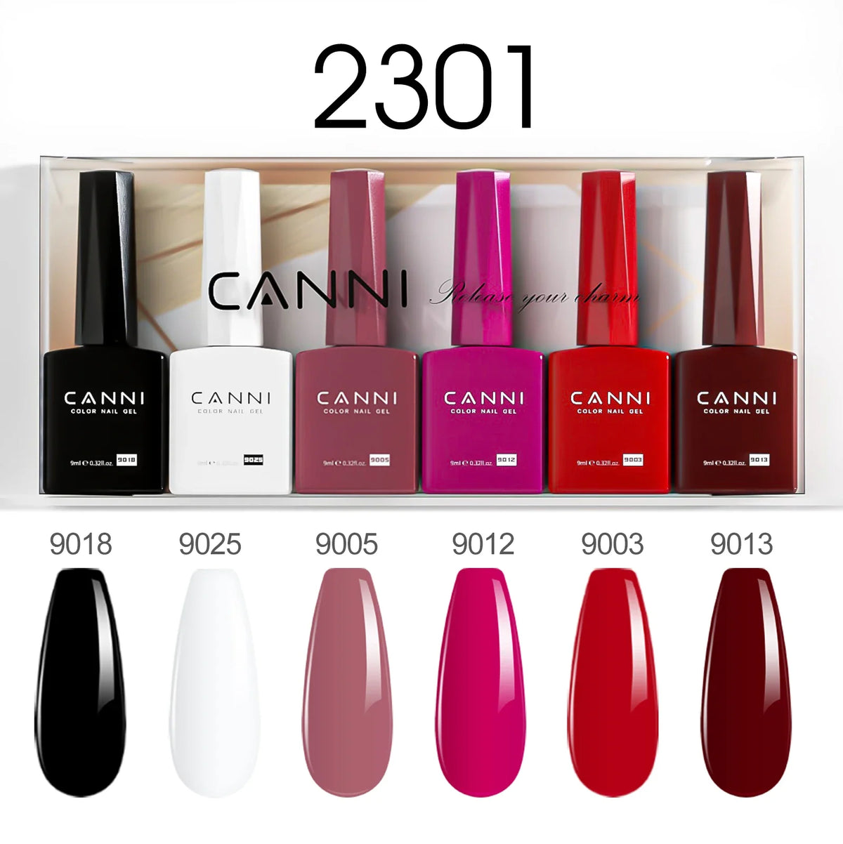 Blushimmer CANNI HEMA-Free Nail Gel Polish Set with six 9ml semi-permanent, pigmented gel colors for UV and LED gel nail art.