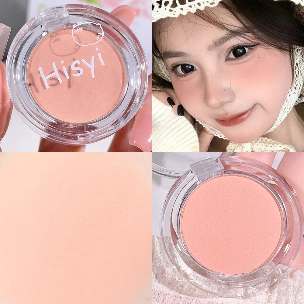 Blushimmer HISYI matte blush plate with natural color micro flash finish, featuring a slightly tipsy, monochrome pink makeup look.