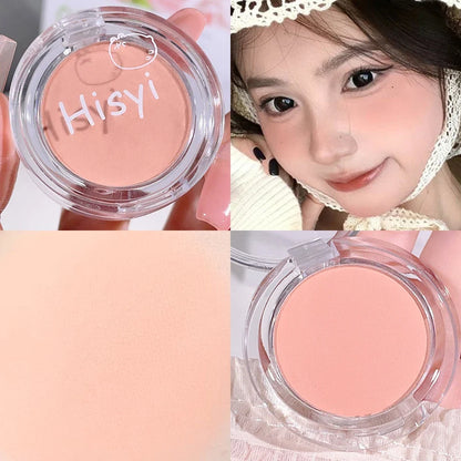 Blushimmer HISYI matte blush plate with natural color micro flash finish, featuring a slightly tipsy, monochrome pink makeup look.