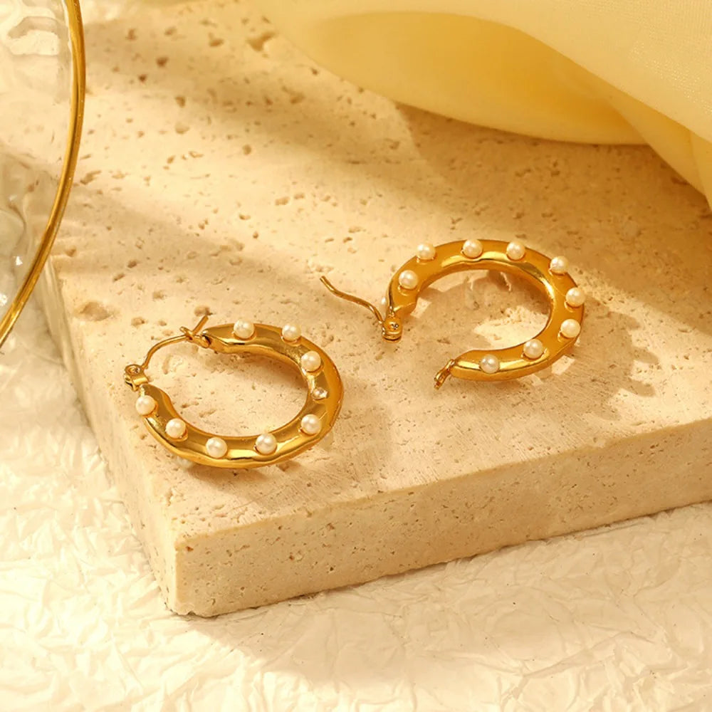Charm Retro Geometry Round Inlay Pearls Stainless Steel Gold Color Hoop Earrings for Women Does Not Fade Jewelry Accessory Gift