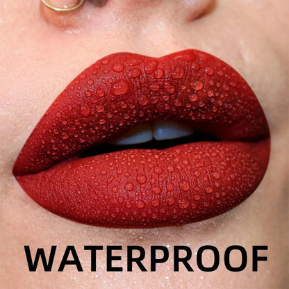 Blushimmer 19-color matte velvet waterproof liquid lip gloss featuring nude, red, and black lip shades with a glossy finish.