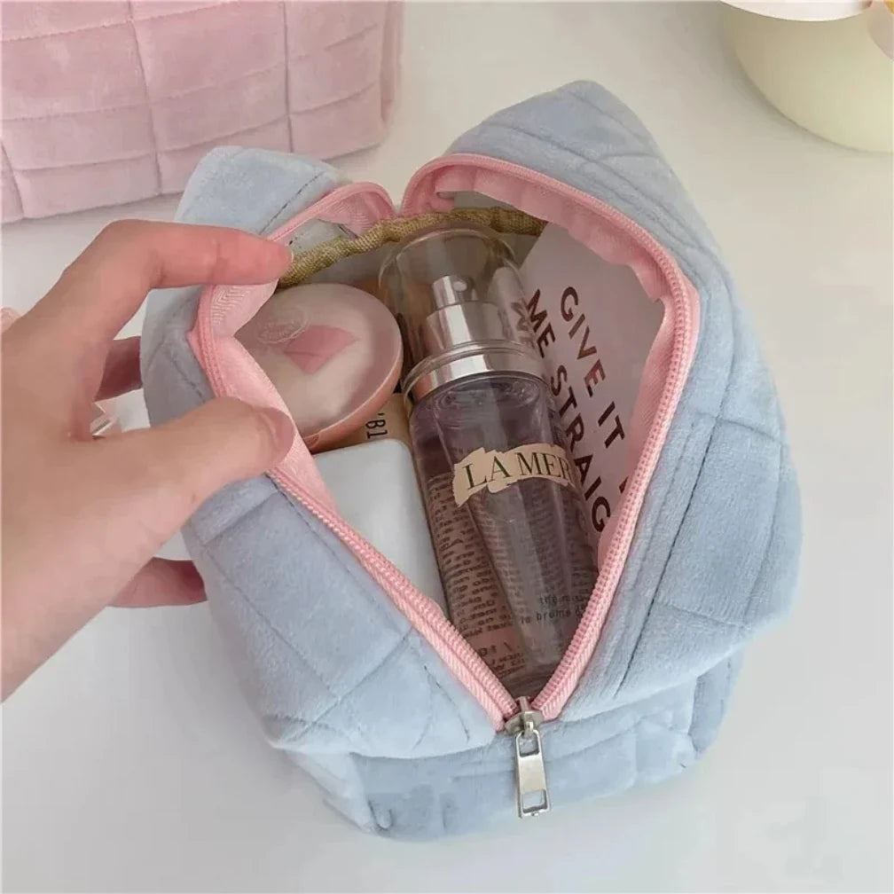 Large Blushimmer solid fur cosmetic storage bag with zipper, ideal for makeup, toiletries, and stationery organization.