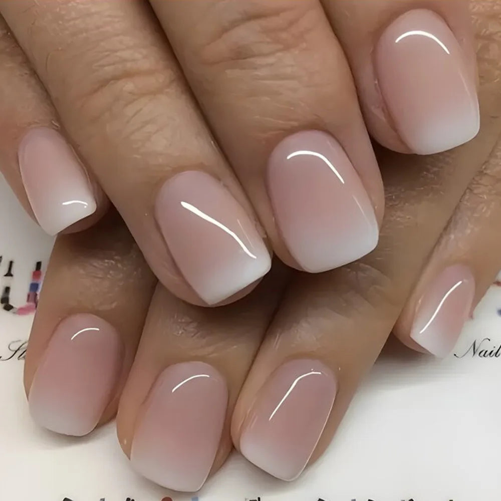 Set of 24 Blushimmer square head fake nails with pink-white gradient French press design and jelly glue, short full cover false nail tips.