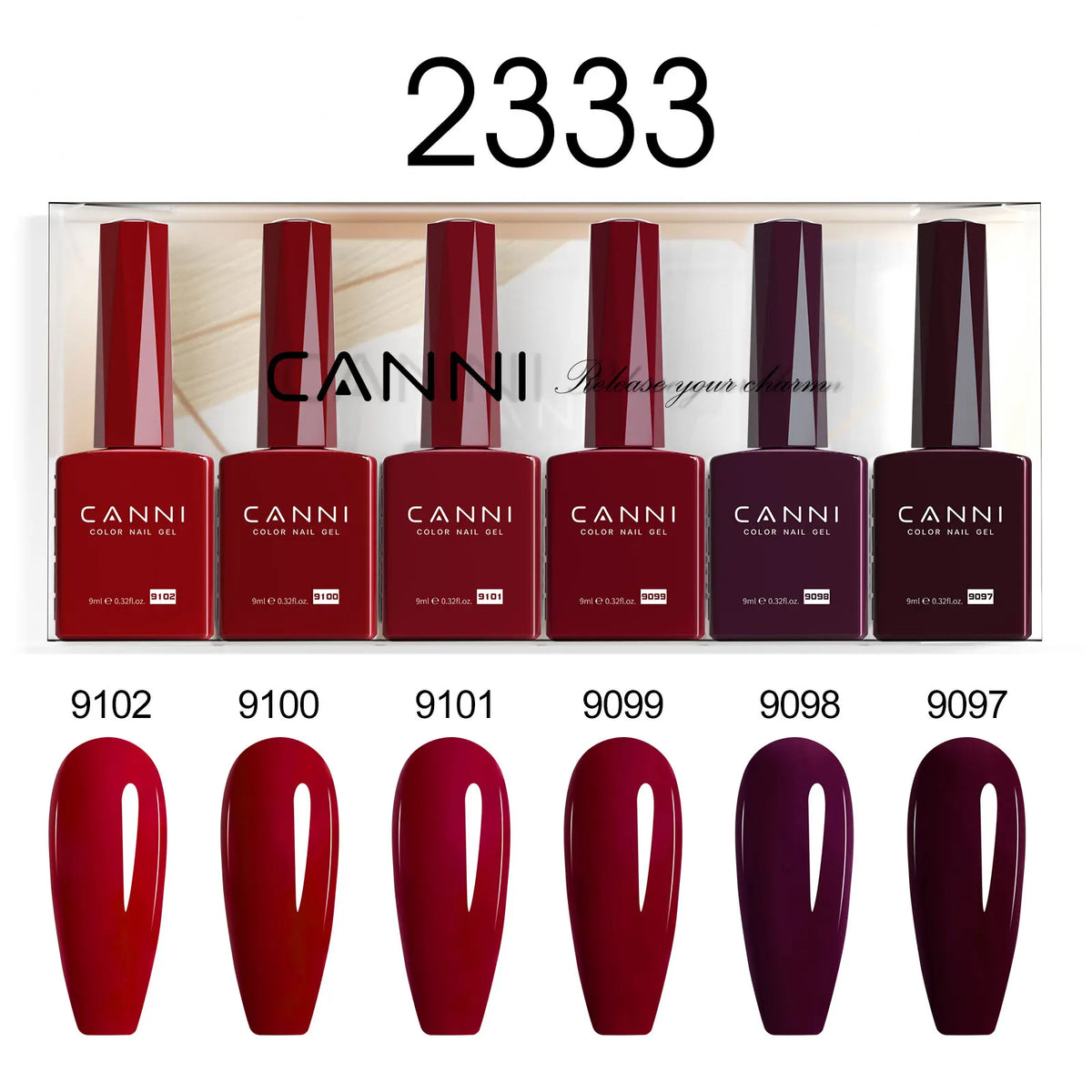Blushimmer CANNI HEMA FREE nail gel polish set with six 9ml bottles in vibrant colors for semi-permanent UV and LED gel nails.