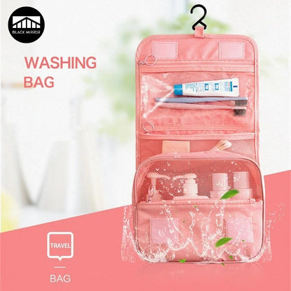 Large capacity Blushimmer travel cosmetic bag with hanging hook, waterproof toiletry washbag for women, bathroom storage, and makeup.