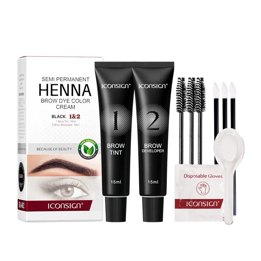 Blushimmer eyelash and eyebrow tint kit with waterproof permanent dye cream, showing tubes and applicator brushes.