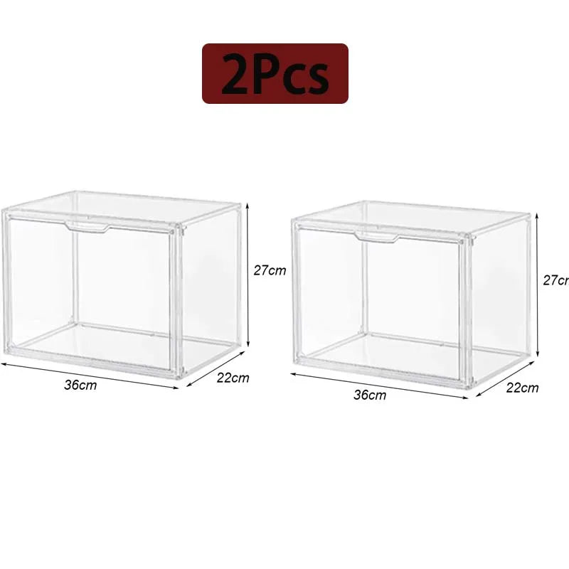 Clear acrylic storage box by Blushimmer for organizing figures, makeup, and blind boxes in a large capacity display or storage solution.