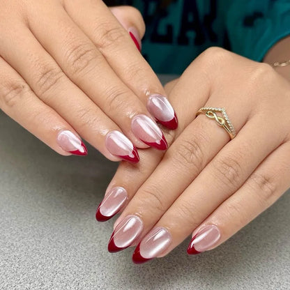 Set of 24 glossy red cat's eye press on nails by Blushimmer, almond shape, full cover nude false nails with charms for women.