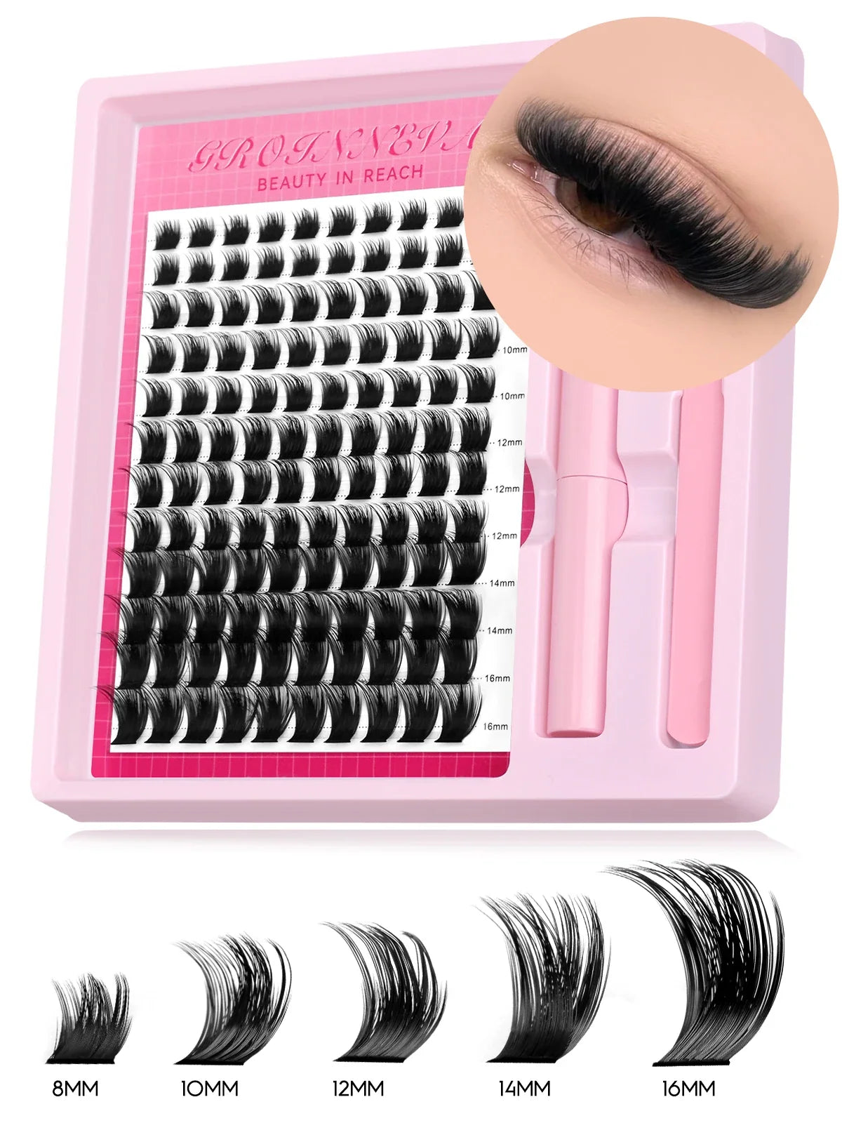 Blushimmer Lash Clusters Kit with 10-18mm fluffy C curl individual lash extensions, including lash bond and seal for DIY application.