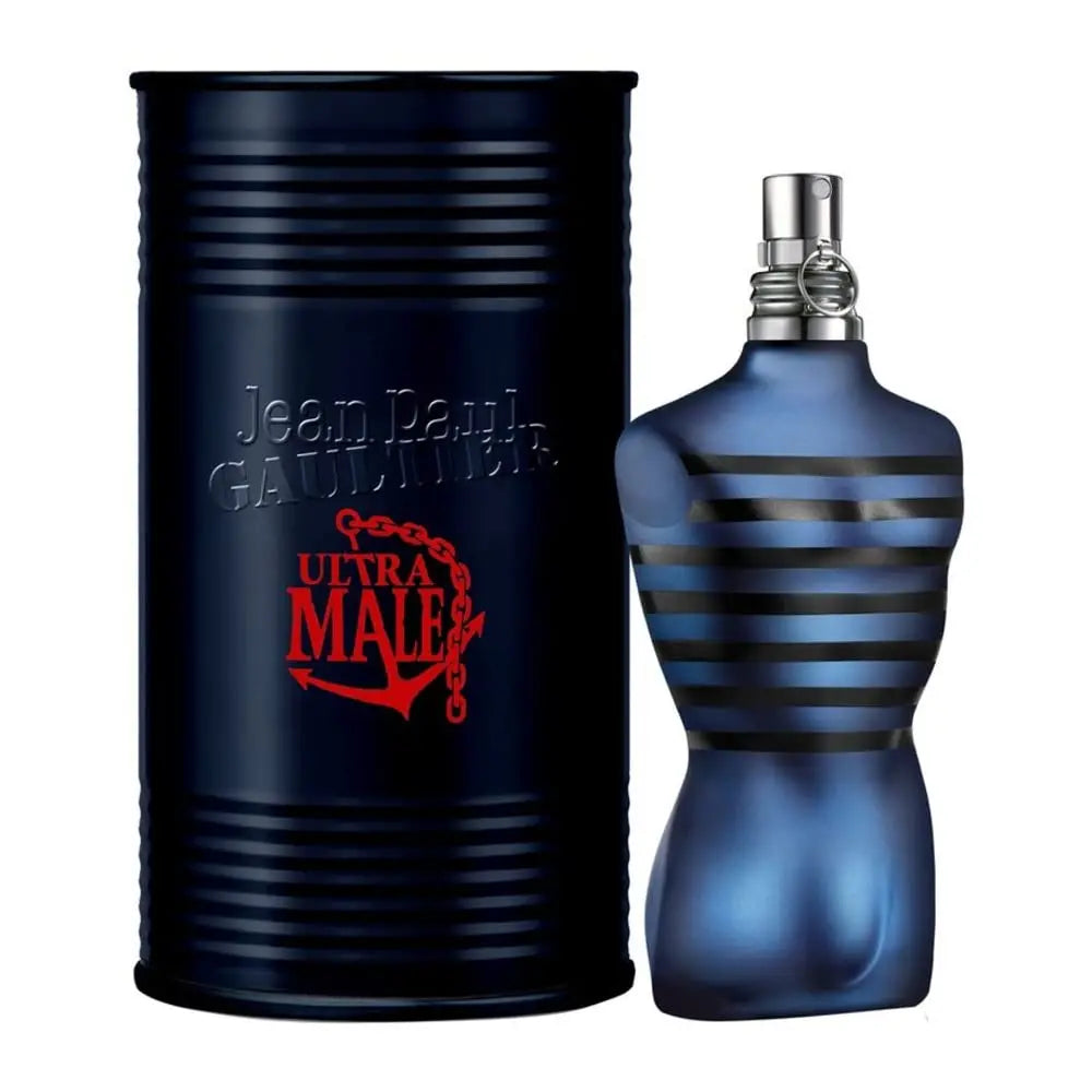 Jean Paul Gaultier Ultra Male Eau De Toilette Intense men's fragrance spray, 4.2 oz bottle with sleek design and dark packaging.
