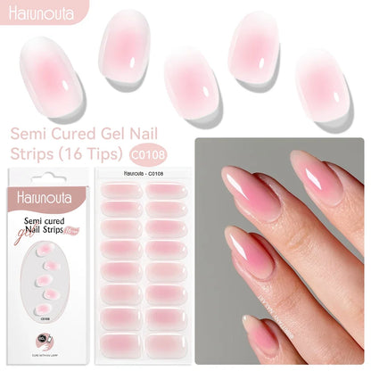 Blushimmer Harunouta 16-strip gradient red marble gel nail strips with gold line, semi-cured gel polish stickers for DIY nails.