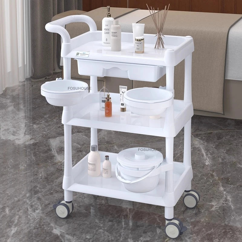 European Plastic Salon Trolleys with Wheels Auxiliary Tool Cart Designer Salon Furniture Beauty Salon Instrument Equipment Shelf