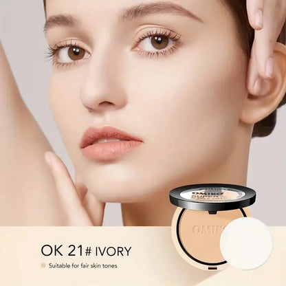 Blushimmer pressed waterproof powder compact with full coverage, featuring three shades for long-lasting facial makeup.