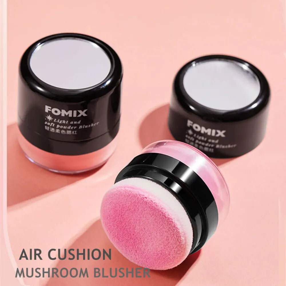 Blushimmer FOMIX loose powder air cushion blush with high pigment, soft misty matte finish, natural color for cheeks.