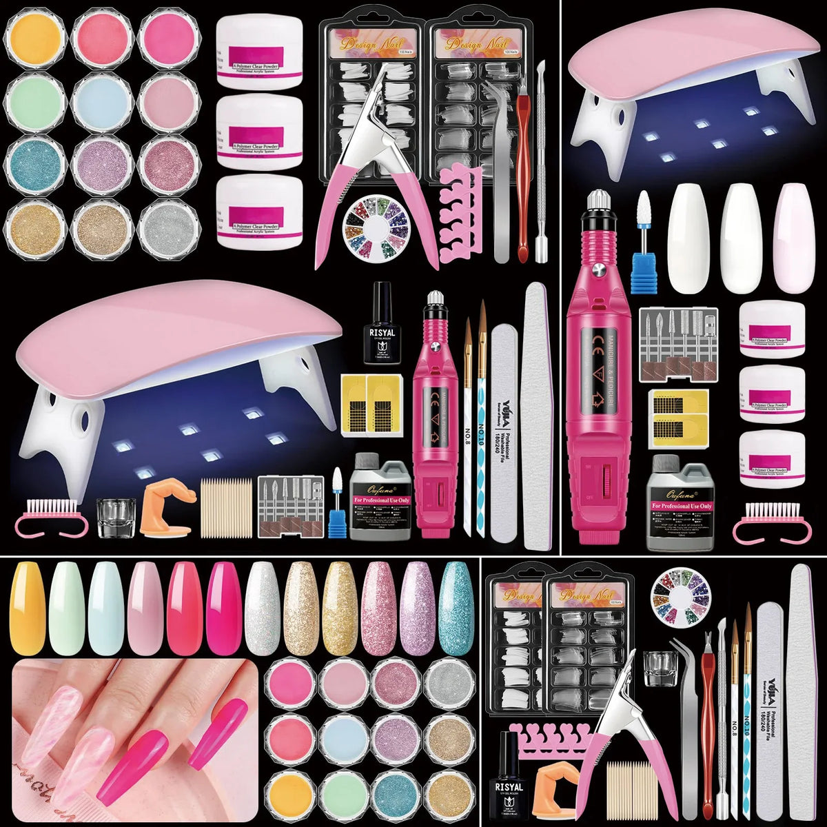 Blushimmer acrylic nail kit for beginners featuring acrylic set, UV light, nail drill, glitter powder, and decorative nail accessories.