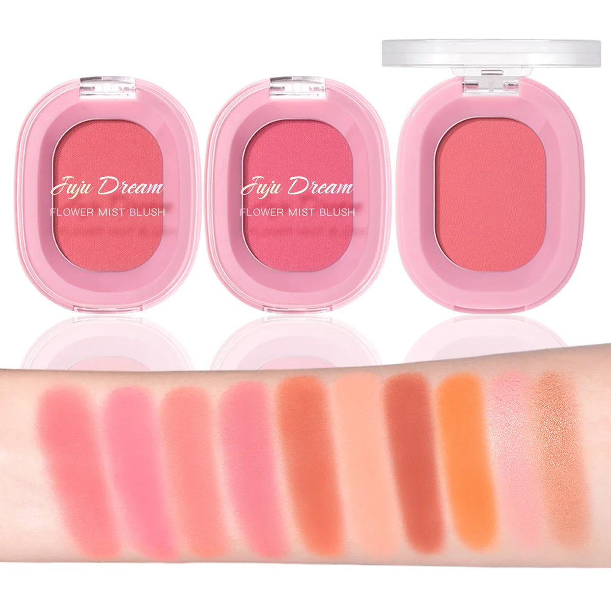 Blushimmer monochrome flower mist blush powder with fine matte pink rouge and natural nude tint for brightening and contouring.