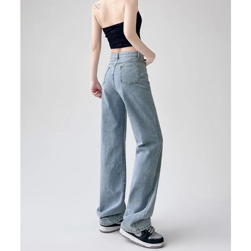 Lady Classic Daily High Waist Jeans Female Korean Solid Thin Pants Women Fashion Baggy Straight Leg Denim Trousers