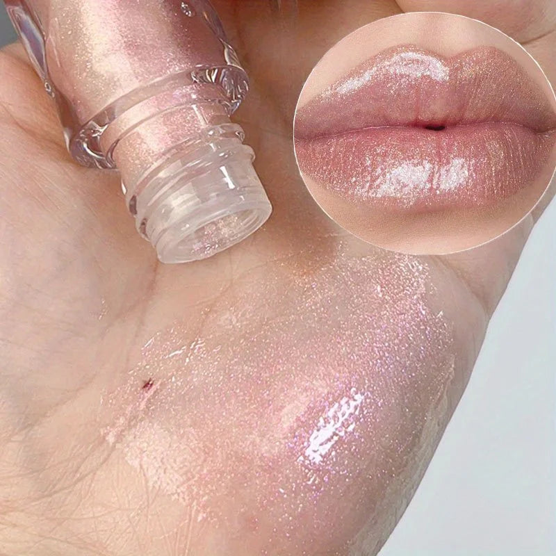 Blushimmer waterproof lip gloss with moisturizing glitter liquid lipstick in coral, pink, and skin tones, showing glossy, shimmering finish.