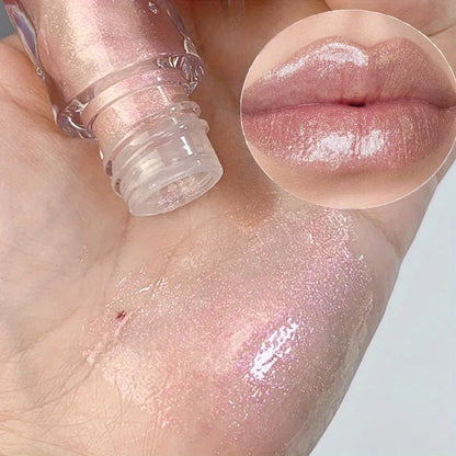 Blushimmer waterproof lip gloss with moisturizing glitter liquid lipstick in coral, pink, and skin tones, showing glossy, shimmering finish.
