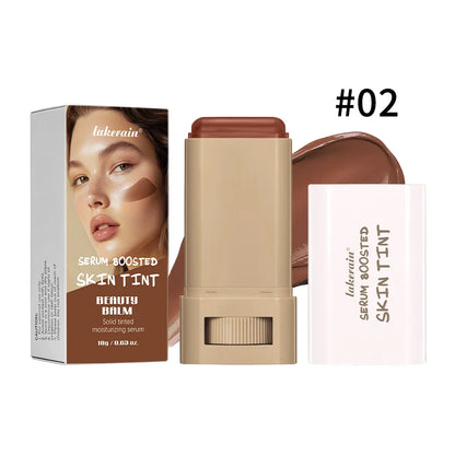 Blushimmer skin tint foundation stick with eraser concealer, serum boost, and high coverage for a smooth, travel-friendly bronze look.