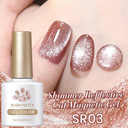 Silver shining reflective cat magnetic gel nail polish by Blushimmer with crystal glitter, UV and LED soak-off nail art varnish.