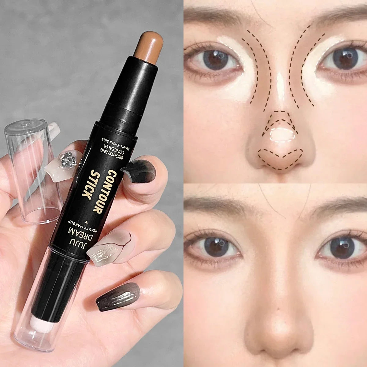 Blushimmer 2-in-1 dual-ended highlighter and concealer pen with natural three-dimensional shadow wand, demonstrating application on skin.