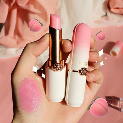 Blushimmer OMGA color-changing lip balm in peach flavor, moisturizing and waterproof jelly lipstick with hydrating, smooth lips.