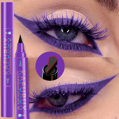 Blushimmer 2-in-1 waterproof liquid eyeliner pen in black, purple, and blue with a seal stamp tip for Korean makeup looks.