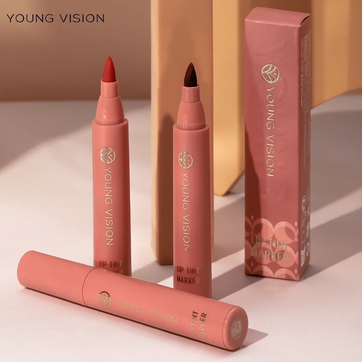 Blushimmer Lip Tint Pen with 6 matte water lipstick colors, featuring a smooth, long-lasting lip stain and non-stick cup.