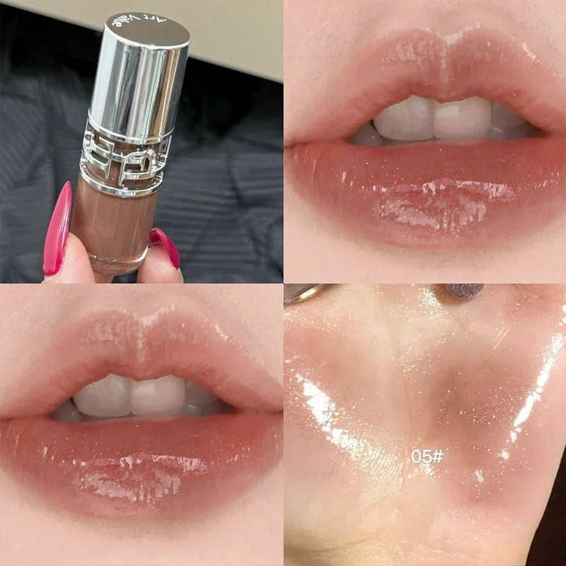 Blushimmer transparent moisturizing lip gloss with a mirror, hydrating dry lips, glossy crystal finish, tinted plumper, and lip oil.