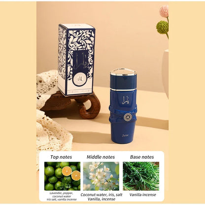 Unisex Arab perfume spray with floral, fruity, spicy, and musky notes from Blushimmer, featuring elegant perfume bottle and scent details.