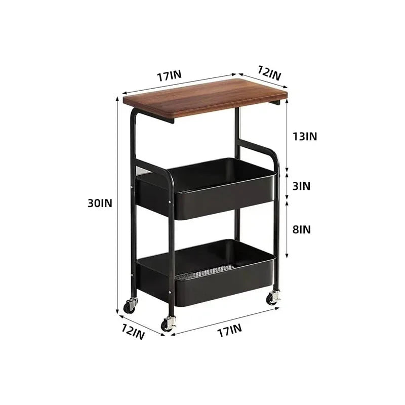 Three-tier metal rolling storage cart with Walnut wood tabletop, lockable wheels, ideal for kitchen, bathroom, crafts, or cosmetics.