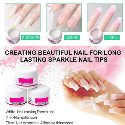 Blushimmer acrylic nail kit featuring acrylic powder, liquid, UV lamp, and gel nails for DIY manicure and nail art.