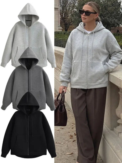 LadyShow women's casual zip-up hoodie with long sleeves, large front pockets, hoodie, and a relaxed fit, perfect for outdoor wear.