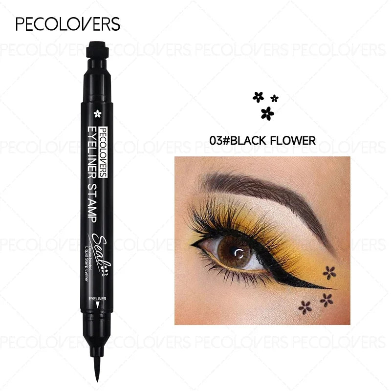 Blushimmer liquid eyeliner stamp with waterproof gel felt tip featuring heart, star, triangle, and flower shapes for creative eye makeup.