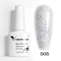Blushimmer Venalisa HEMA TPO free nail gel polish with glitter, showing a full coverage pink nude French manicure on nails.